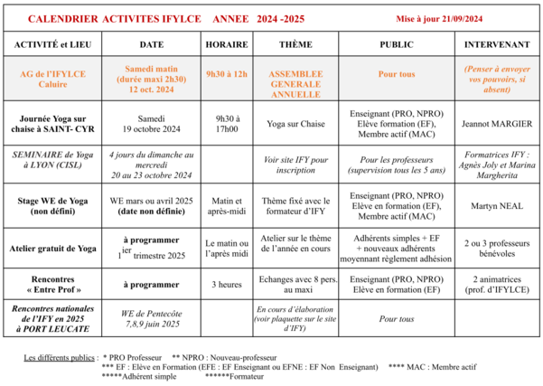 IFY - Calendrier des activités 2024-2025